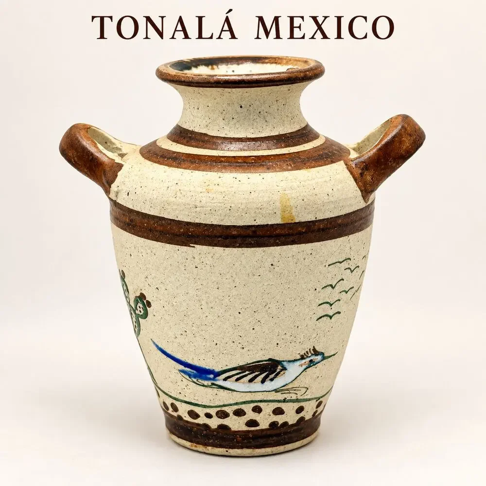 Vintage Tonala Mexico Pottery Bird Cactus Double Handle Vase Signed 5” Folk Art